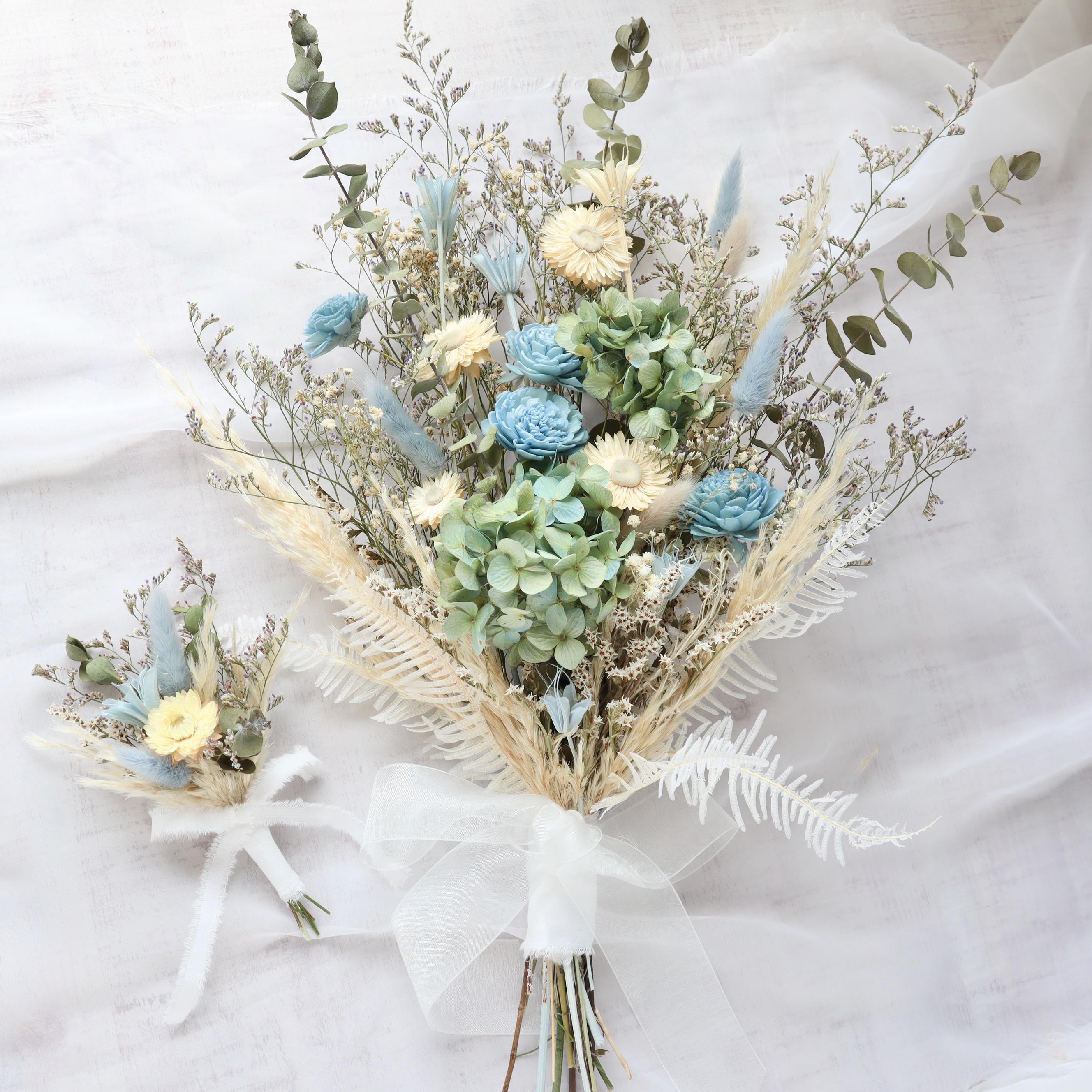 【New!】爽やか！ブルーグリーンのナチュラルブーケ｜ウェディング・前撮り用／ブートニア選択可